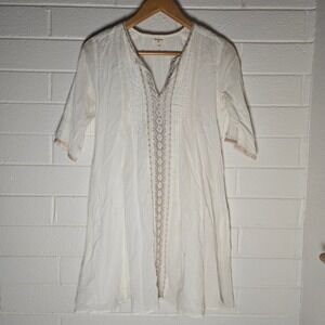 World Market Tunic Dress S/M White Embroidered Boho V Neck Pockets Hippie‎ Fairy